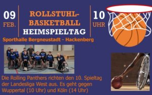 Werbebild für den Heimspieltag. Blauer Hintergrund mit oranger und weißer Schrift. Das Bild zeigt einen Basketballkorb und das Team