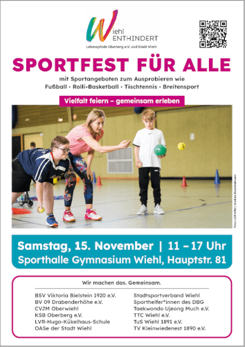Plakat zur Veranstaltung „Sportfest für Alle“ am 15. November, 11–17 Uhr in der Sporthalle Gymnasium Wiehl mit Auflistung der Sportaktivitäten und teilnehmenden Vereine.
