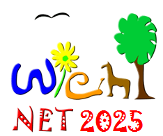 Buntes WICH NET 2025 Logo mit stilisiertem Text, einer gelben Blume, einem grünen Baum, einem braunen Tier und einem fliegenden Vogel auf weißem Hintergrund.