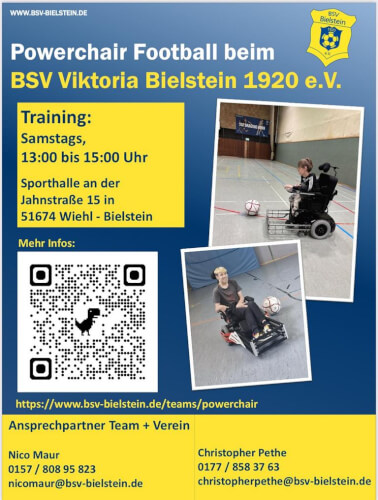 Plakat für Rollstuhlfußball beim BSV Viktoria Bielstein 1920 e.V. mit Trainingsinformationen, Kontaktdaten und Bildern von Spielern in Rollstühlen auf einem Hallenplatz.
