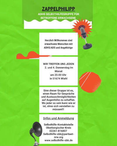 Flyer für Zappelphilipp, eine ADHS-Selbsthilfegruppe für Erwachsene, mit Details zu den Treffen, Kontaktinformationen und einem grünen Hintergrund mit roten und orangefarbenen Grafikelementen.