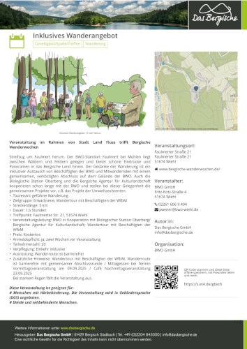 Inklusives-Wanderangebot-1 Flyer für ein inklusives Wanderevent mit illustrierten Wanderern, einer Karte, Veranstaltungsdetails, Kontaktinformationen und Veranstalterlogos, präsentiert in Deutsch.