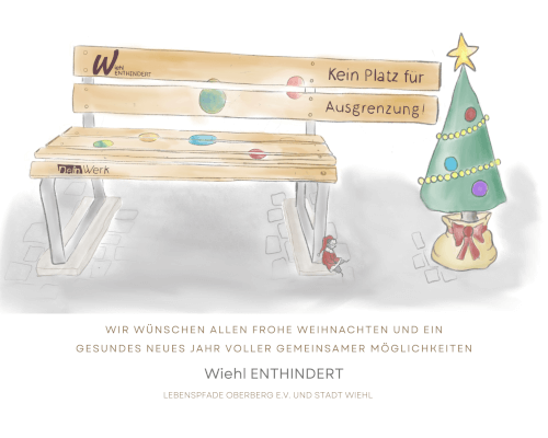 Zwei Holzbänke, eine mit der Aufschrift Kein Platz für Ausgrenzung! (Kein Platz für Ausgrenzung!), stehen neben einem geschmückten Weihnachtsbaum. Der Text darunter wünscht ein frohes Weihnachtsfest und ein gesundes neues Jahr.
