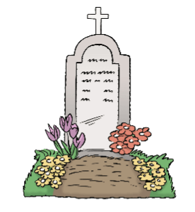 Illustration eines Grabsteins mit unleserlichem Text, umgeben von gr&uuml;nem Gras und bunten Blumen, die eine Grabst&auml;tte markieren.