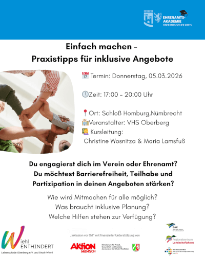 Veranstaltungsflyer für einen Workshop zu inklusivem Engagement, mit Datum, Uhrzeit, Veranstaltungsort, Organisatoren und Themen zu Partizipation, Planung und barrierefreier Freiwilligenarbeit.