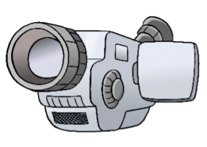 Abbildung einer digitalen Videokamera mit Objektiv, seitlichem Bildschirm und Bedienelementen, dargestellt in hellgrauer Farbe.