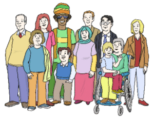 Eine bunt gemischte Gruppe von zwölf Erwachsenen und Kindern, darunter eine Person im Rollstuhl, posiert gemeinsam und lächelt in die Kamera.