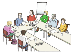 Sieben Personen sitzen um einen Besprechungstisch mit Papieren, Tassen und einem Projektor und führen eine Diskussion. Am anderen Ende des Raums steht ein Flipchart.