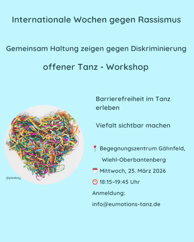 Informationsflyer für einen offenen Tanzworkshop am 25. März 2026 in Wiehl-Oberbantenberg, der mit bunten Fäden als visuellem Element für Antirassismus und Inklusion wirbt.