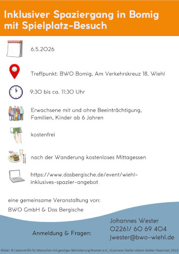 Veranstaltungsflyer für einen inklusiven Spaziergang in Bomig mit Besuch eines Spielplatzes am 6. Mai 2026; Details, Zeitplan, Kontaktinformationen und Hinweise zur Anmeldung werden gegeben.