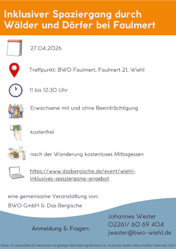 Informationsflyer für einen inklusiven Spaziergang durch Wälder und Dörfer in der Nähe von Faulment am 27. April 2026, von 11:00 bis 12:30 Uhr, mit kostenloser Teilnahme und Kontaktangaben.