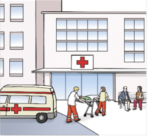 Zwei Sanitäter schieben einen Patienten auf einer Bahre in ein Krankenhaus, während zwei Personen vor dem Eingang in der Nähe eines Krankenwagens sitzen.