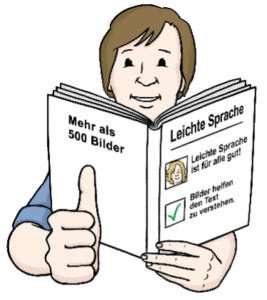 Eine Person hält ein aufgeschlagenes Buch und zeigt den Daumen nach oben. Auf dem Buchdeckel steht Mehr als 500 Bilder und Leichte Sprache, mit Text und Bildern über Leichte Sprache und Bildunterstützung.