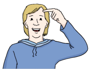 Eine Person, die einen blauen Kapuzenpulli trägt, lächelt und deutet mit der rechten Hand auf ihre Stirn.