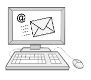 Auf einem Computermonitor werden ein E-Mail-Symbol und ein Briefumschlagsymbol angezeigt, und es sind eine Tastatur und eine Maus angeschlossen.