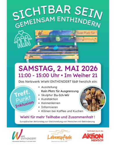Plakat für "Sichtbar Sein - Gemeinsam Enthinidern" am 2. Mai 2026, mit Veranstaltungshinweisen, Illustrationen, Logos und einem Aufruf zur Inklusion und Teilnahme.