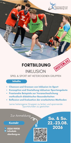 Eine Gruppe von Kindern und ein Trainer spielen Handball in einer Turnhalle; Textinformationen zu einem kostenlosen Sporttraining zum Thema Inklusion am 22. und 23. Juni 2026 in Oberberg.