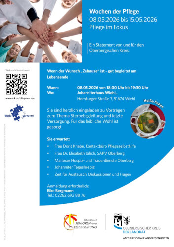Veranstaltungsflyer für die Woche der Pflege mit Veranstaltungsdetails, Referenten, Themen zur Pflege am Lebensende und Kontaktinformationen; mit einem Foto der Suppe und Organisationslogos.