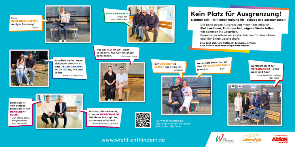 Dieses Bild zeig eins der Banner mit 7 Bildern und Aussagen zum Thema "Kein Platz für Ausgrenzung"