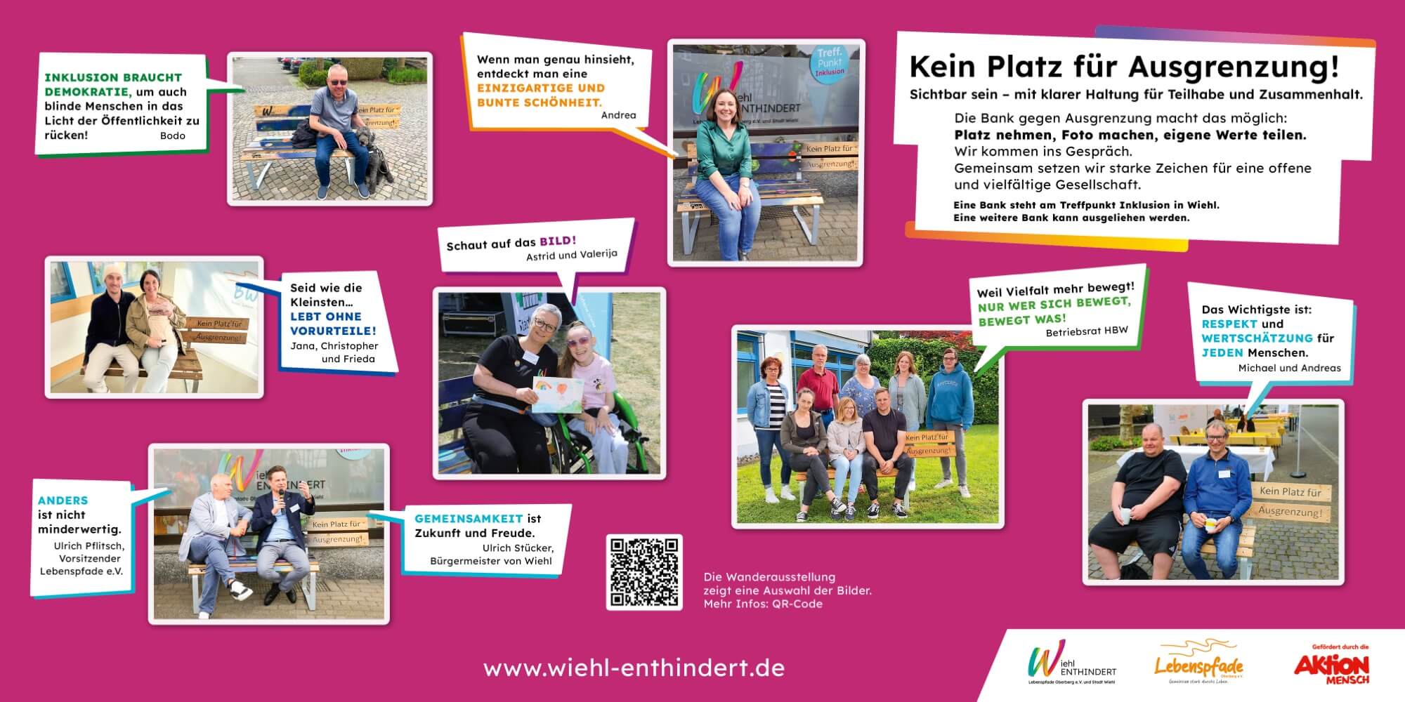 Erstes Ausstellungsbanner mit magentafarbenem Hintergrund. Es zeigt Fotos von Menschen auf der Bank gegen Ausgrenzung, daneben ihre persönlichen Aussagen zu Inklusion, Demokratie und Respekt, unter anderem von Bodo, Andrea und Bürgermeister Ulrich Stücker. Rechts oben steht der Einführungstext der Ausstellung.