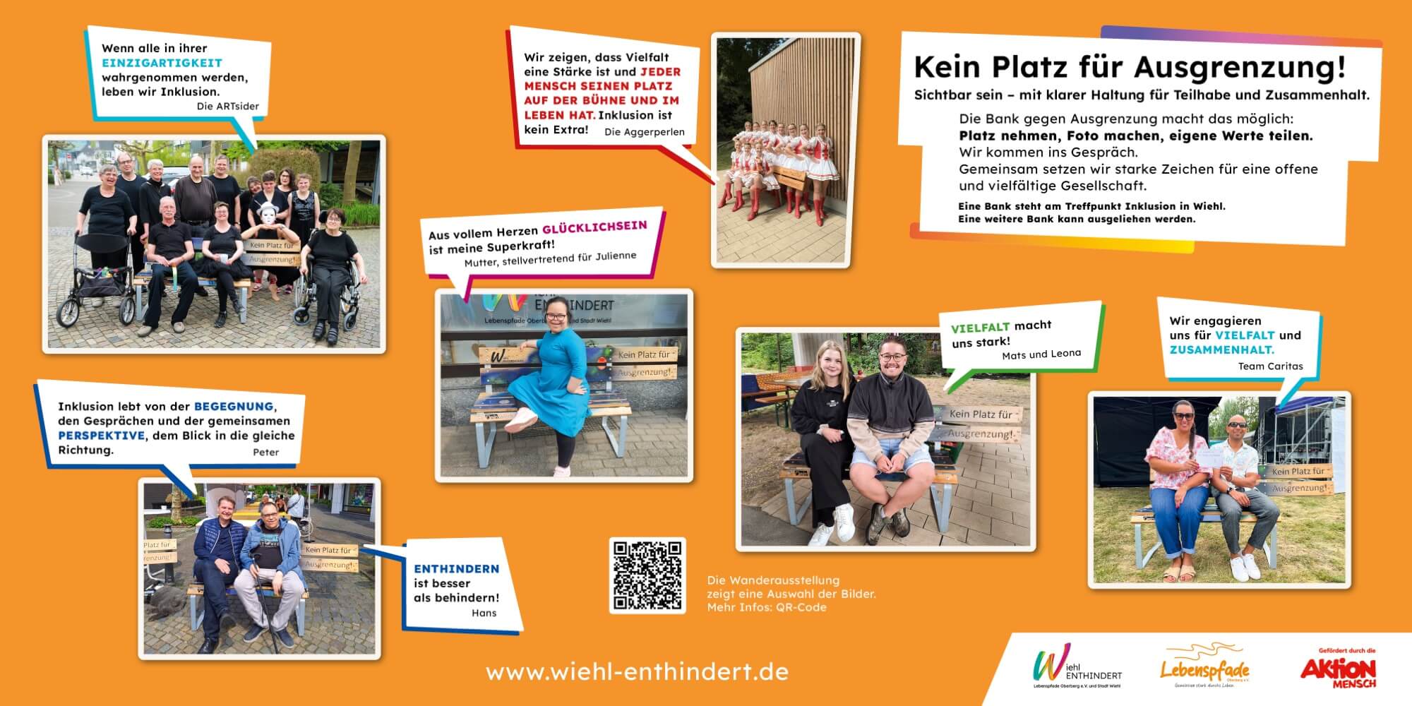 Zweites Ausstellungsbanner mit orangefarbenem Hintergrund. Es zeigt Fotos von Gruppen und Einzelpersonen auf der Bank gegen Ausgrenzung, daneben ihre Aussagen zu Vielfalt, Begegnung und Zusammenhalt, unter anderem von den ARTsidern, den Aggerperlen und Team Caritas. Rechts oben steht der Einführungstext der Ausstellung.