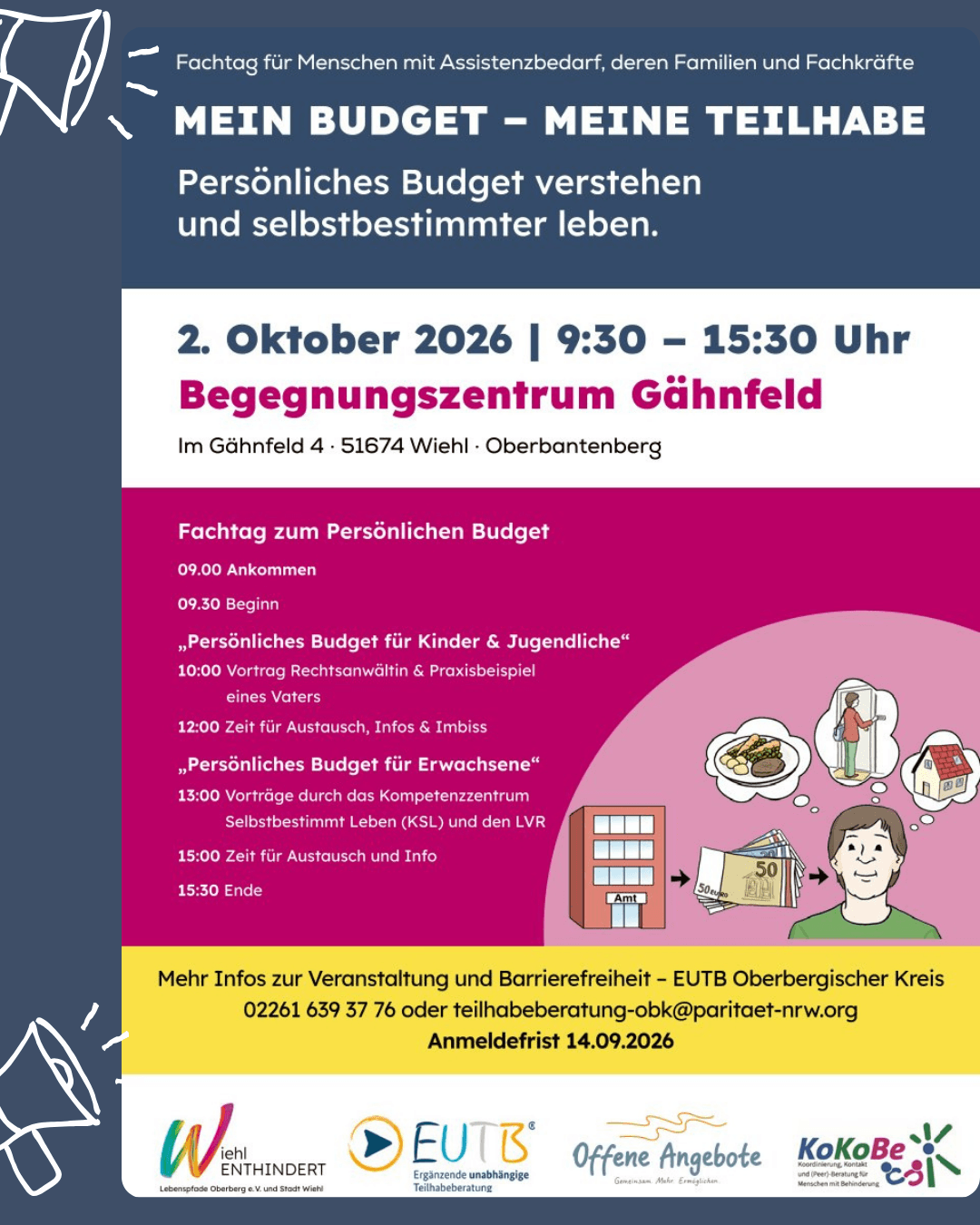 Flyer für eine Veranstaltung zum Thema „Persönliche Budgets für Menschen mit Behinderungen“, die am 2. Oktober 2026 im Begegnungszentrum Gähnfeld stattfindet, mit Programm und Kontaktdaten.