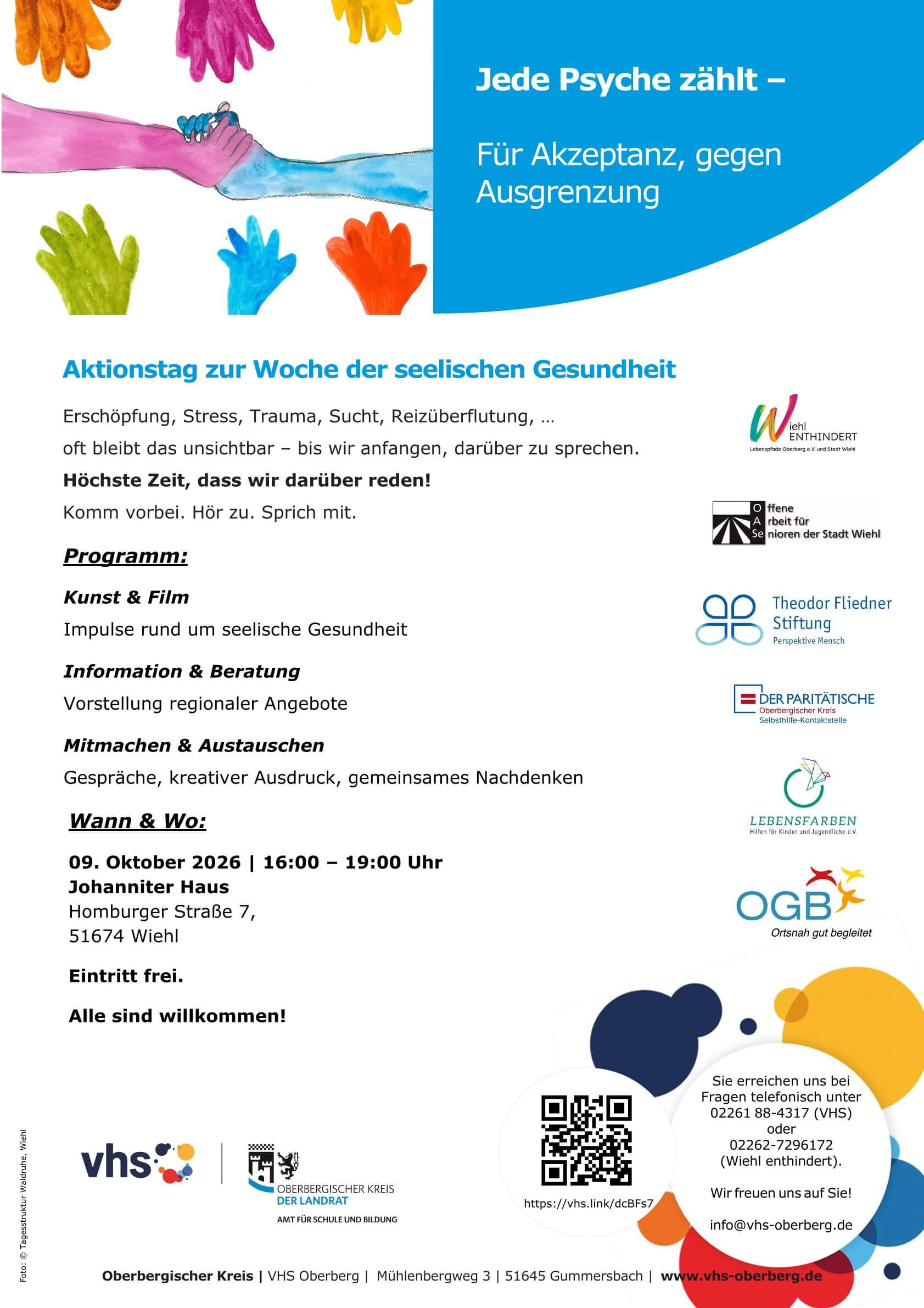Plakat für einen Aktionstag zum Thema psychische Gesundheit am 9. Oktober 2026 in Wiehl, Deutschland, mit Angaben zum Programm, zu den Sponsoren und zu den Kontaktdaten sowie bunten Handabdrücken am oberen Rand.