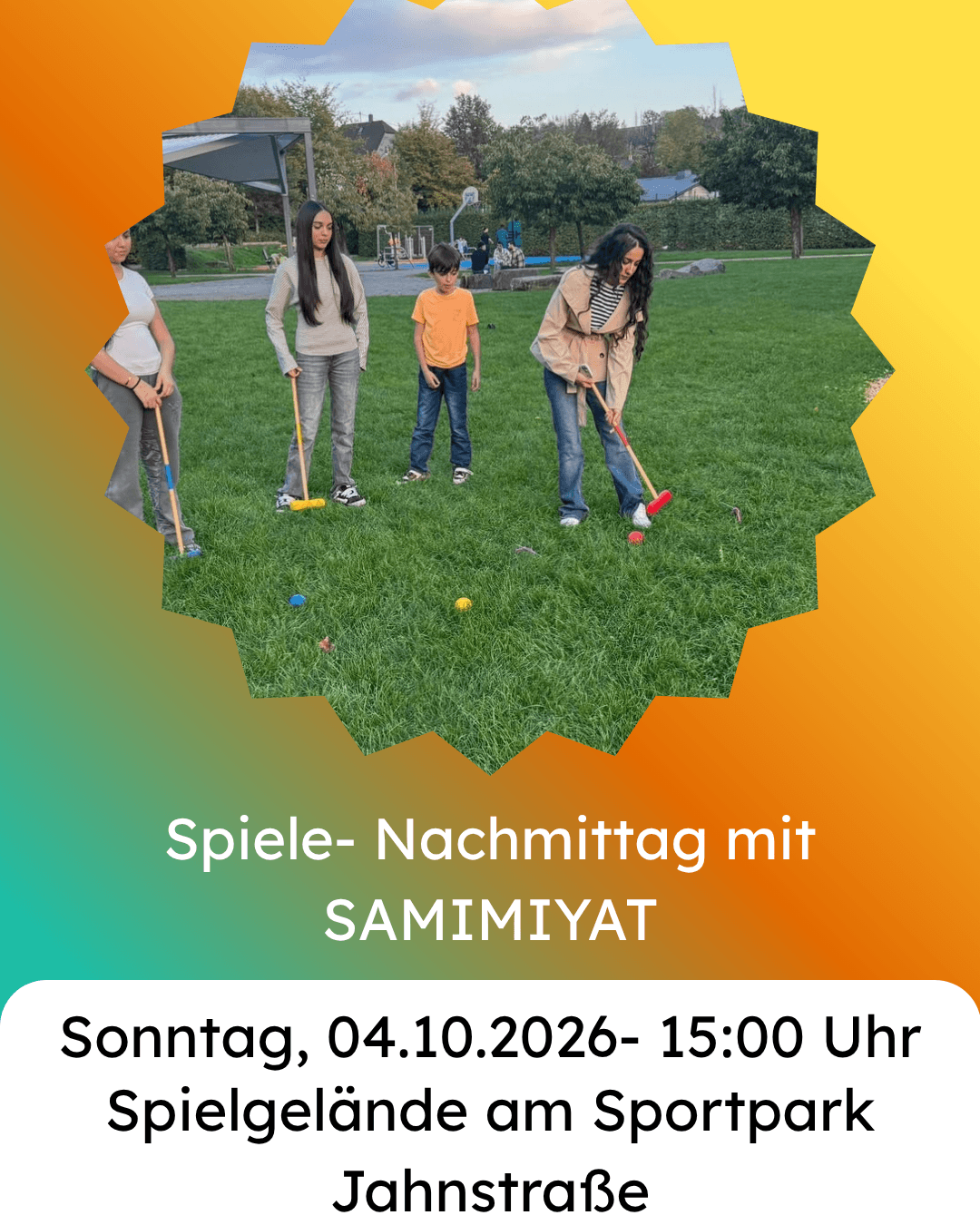 Vier Personen spielen im Park auf dem Rasen Krocket. Der untenstehende Veranstaltungstext auf Deutsch kündigt einen Spielnachmittag am Sonntag, dem 4. Oktober 2026, um 15:00 Uhr im Sportpark Jahnstraße an.